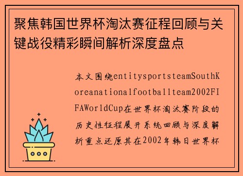 聚焦韩国世界杯淘汰赛征程回顾与关键战役精彩瞬间解析深度盘点