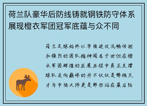 荷兰队豪华后防线铸就钢铁防守体系展现橙衣军团冠军底蕴与众不同